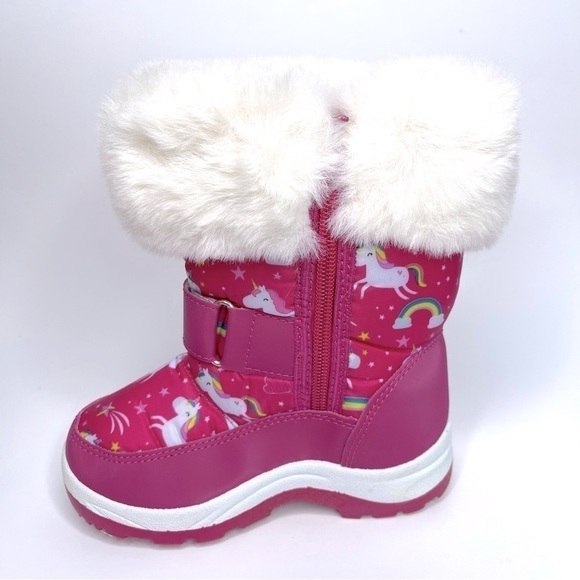 𝅺NEW Adorababy Pink Unicorn Faux Fur Snowflake Strap Boots US 9 Toddler - Picture 4 of 6